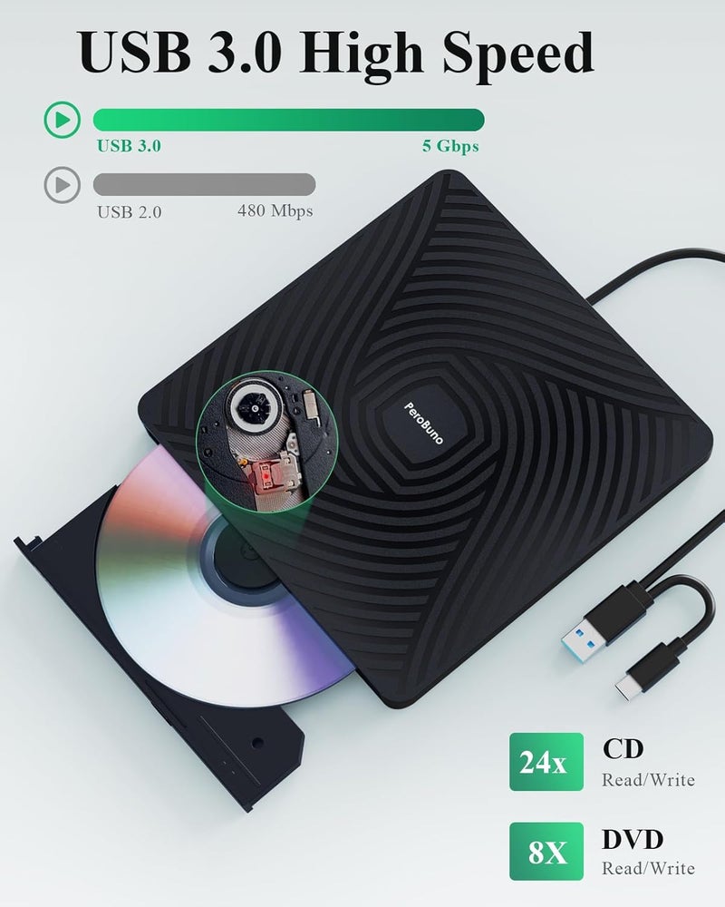 PeroBuno External CD DVD Drive, USB 3.0 Type-C Optical Drive, 0.5-inch Ultra-Slim Portable DVD CD ROM Disc Player Reader Writer Rewriter Burner Recorder for Laptop PC MacBook Windows Linux Mac OS - Image 4